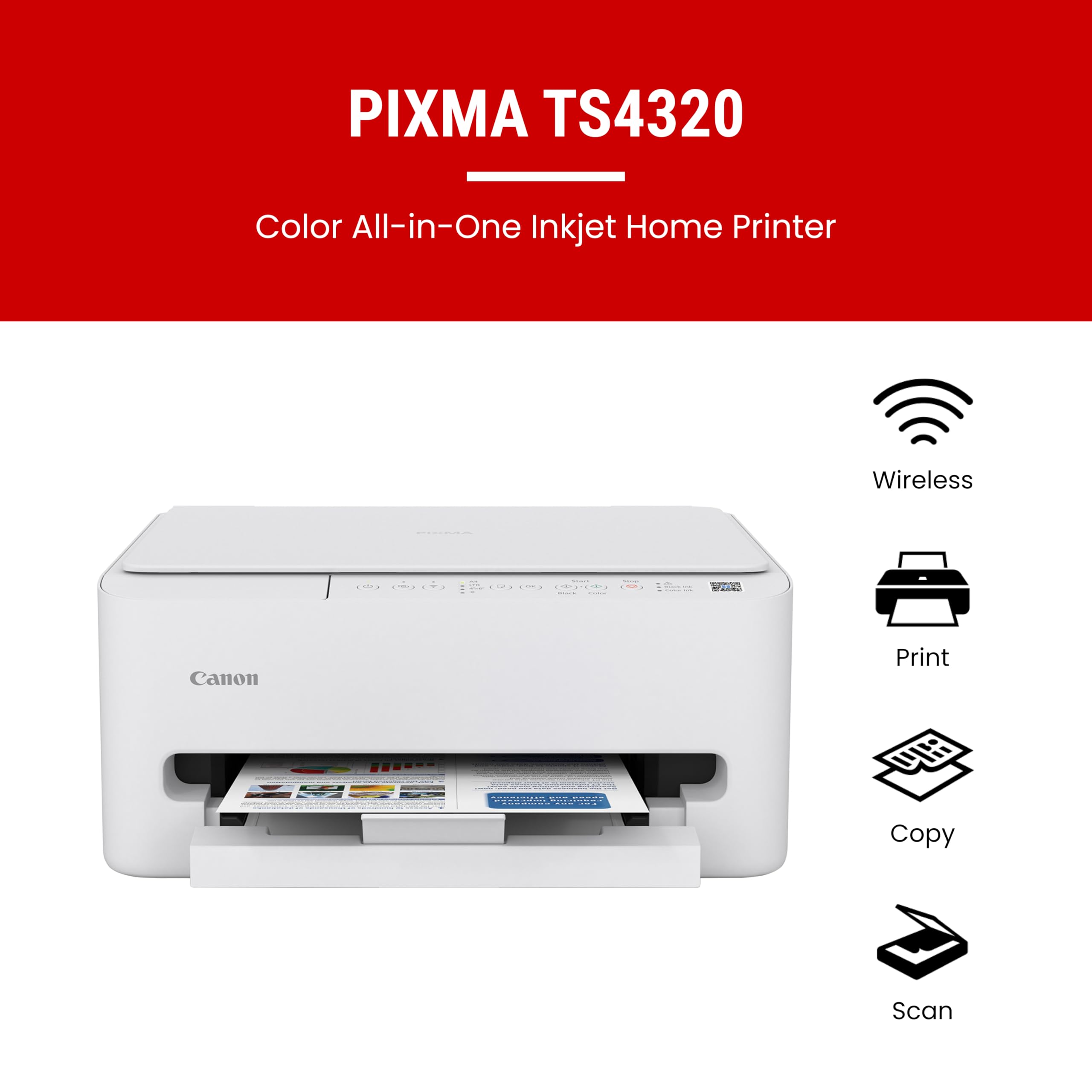 Canon PIXMA TS4320 top flatbed scanner open showing document placement for scanning