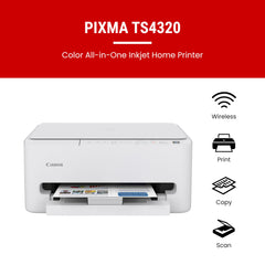 Canon PIXMA TS4320 top flatbed scanner open showing document placement for scanning