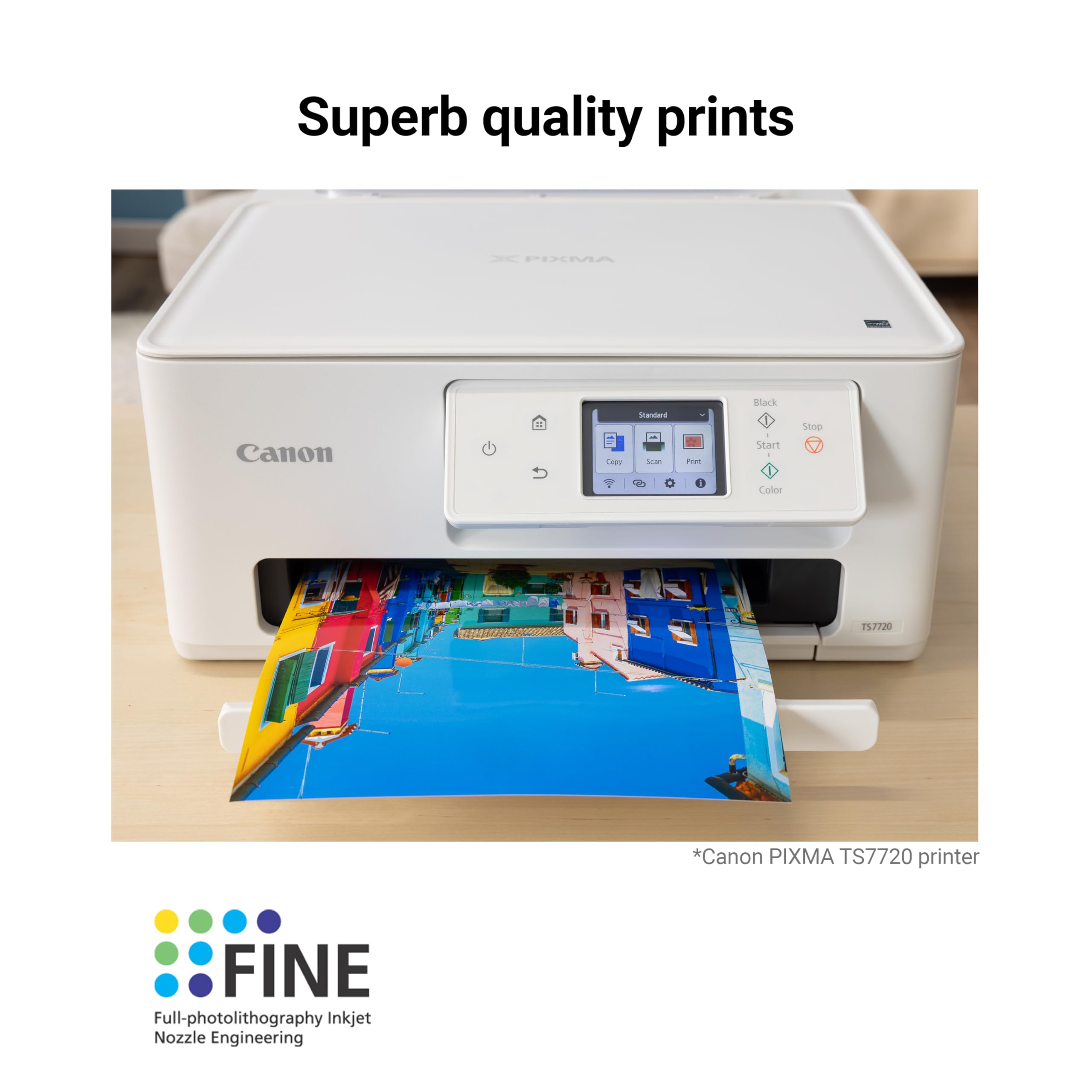 Printed page sample from Canon ink showing sharp text and vivid color photos