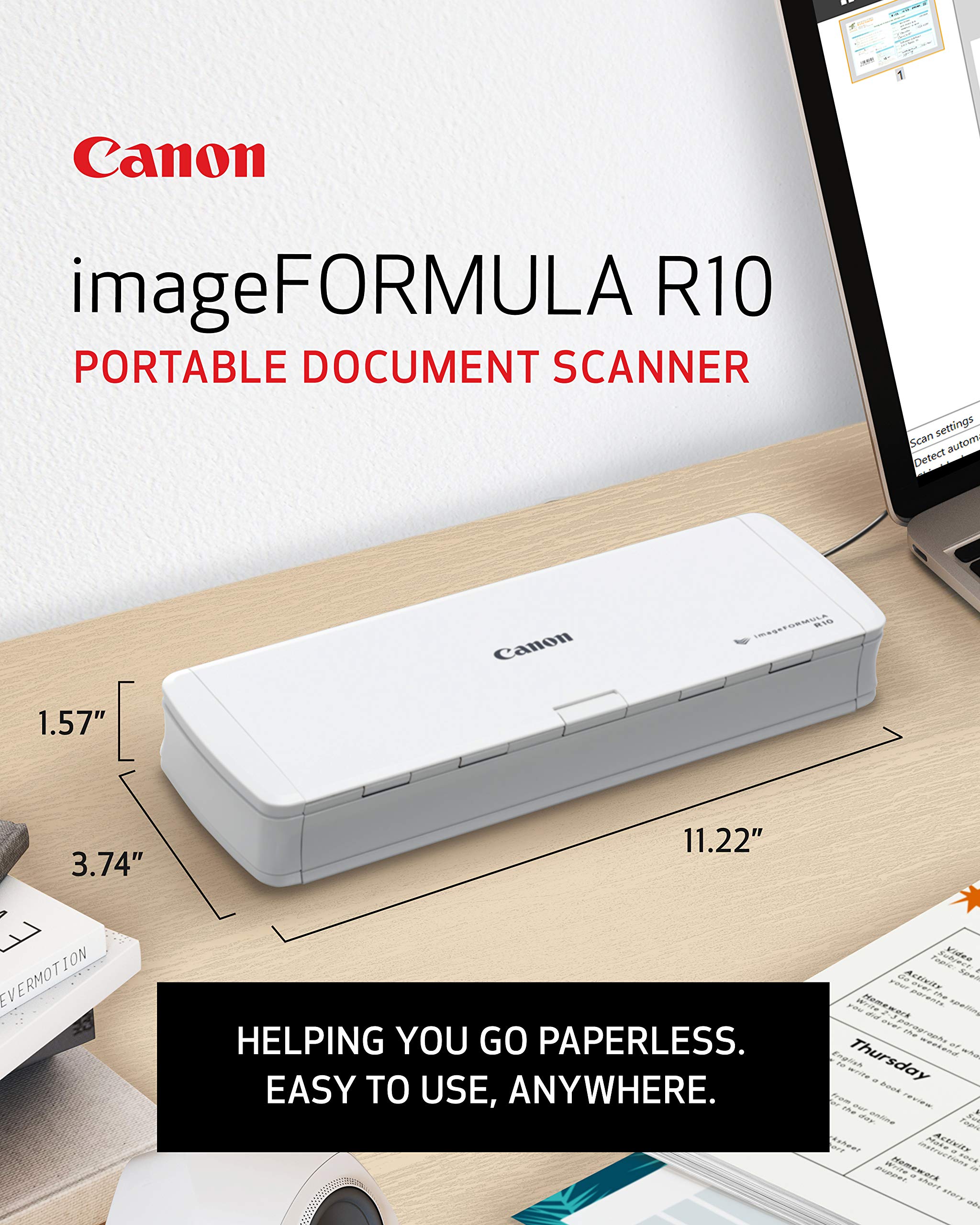 Canon R10 automatic feeder detail displaying 20-sheet capacity for faster batching