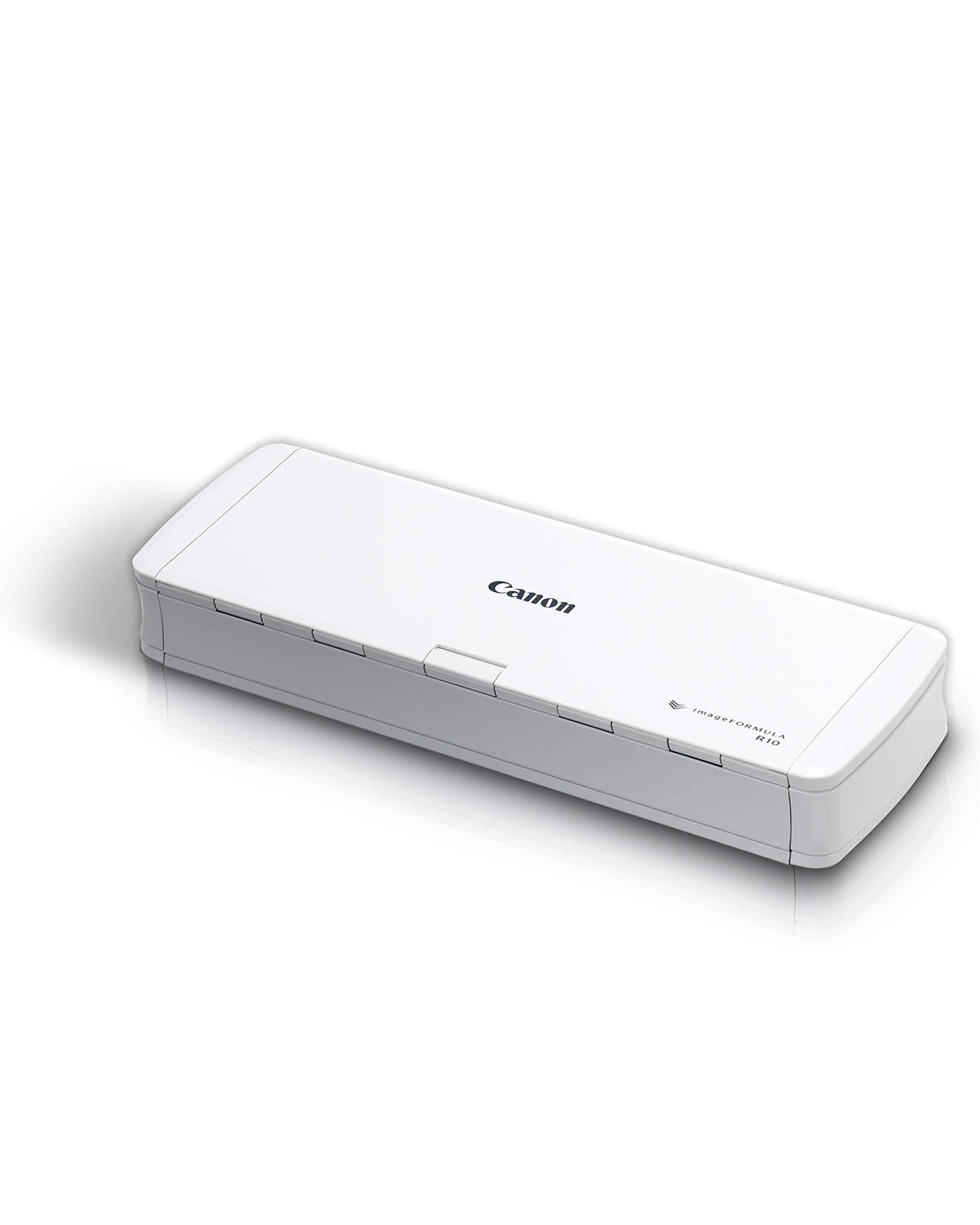 Canon R10 front view showing compact scanner and organized documents, portable benefit