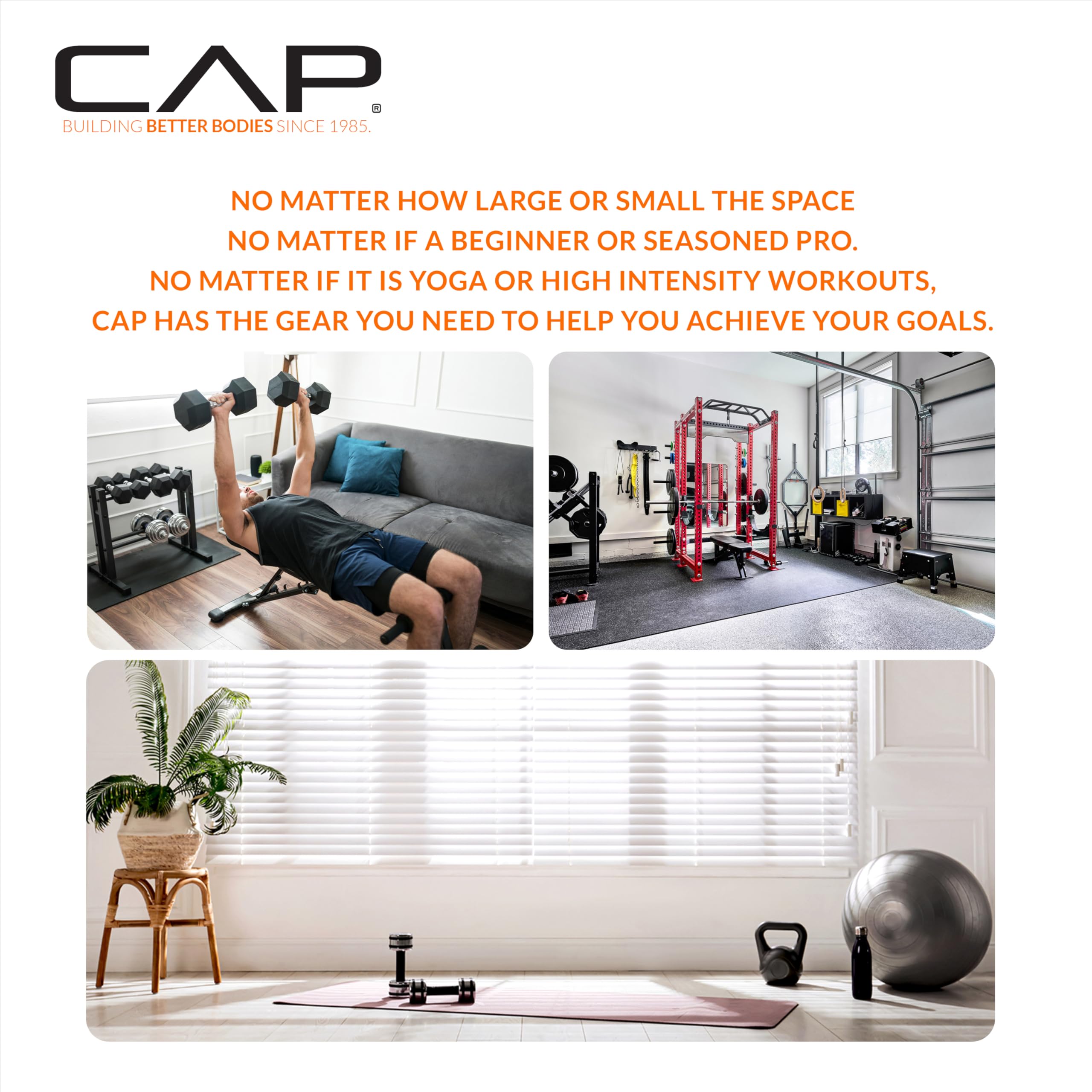 CAP dumbbells in a home gym setting showing versatile use benefit: practical training