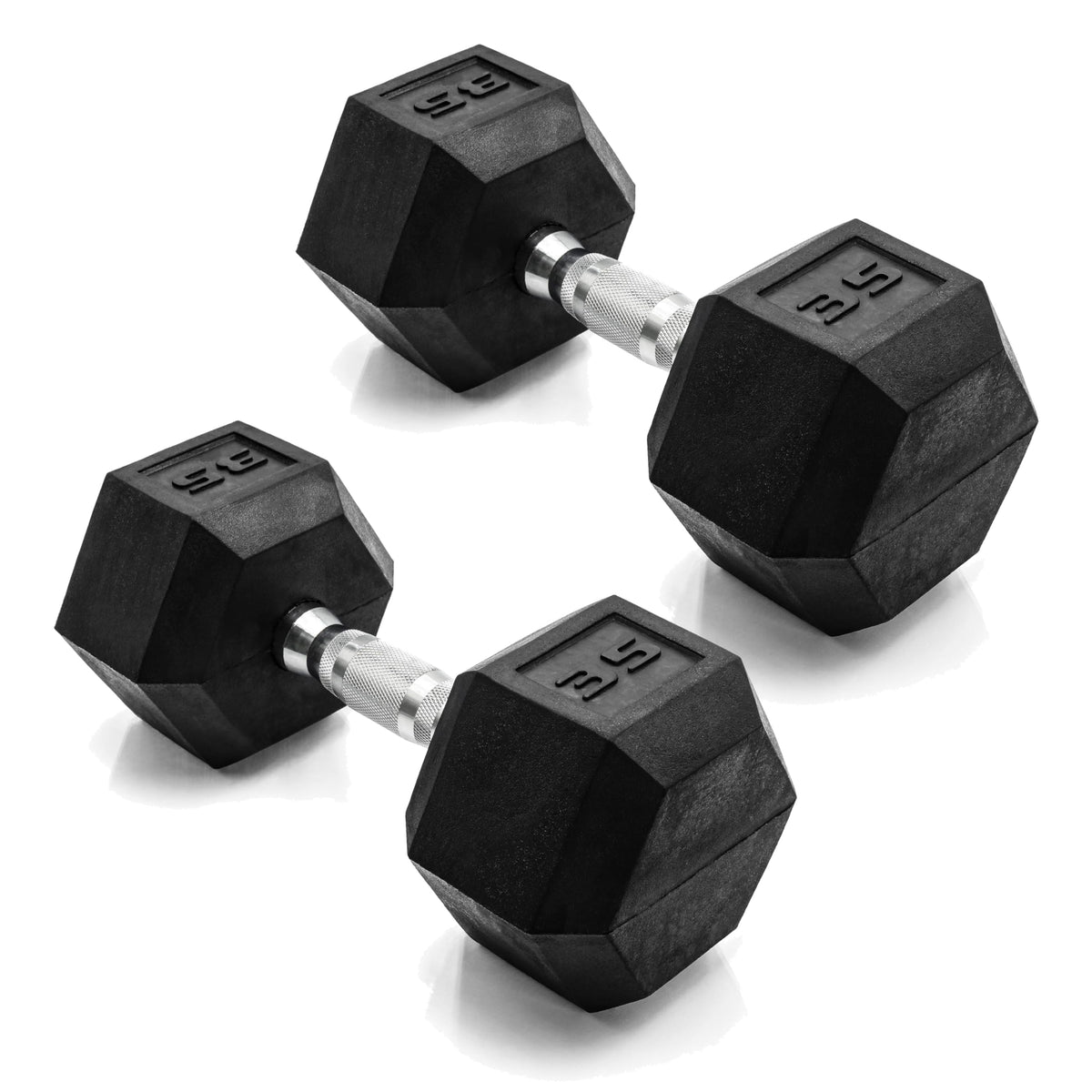 CAP 35lb pair front view showing durable rubber heads and hex shape benefit: safer storage