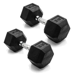 CAP 35lb pair front view showing durable rubber heads and hex shape benefit: safer storage