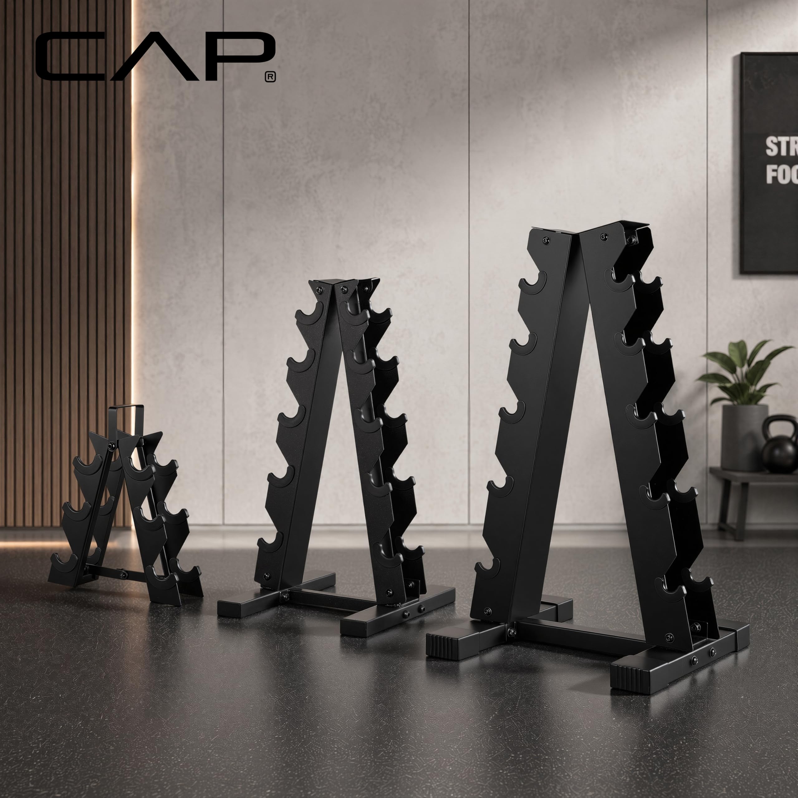 CAP rack loaded with dumbbells illustrating quick access and secure storage