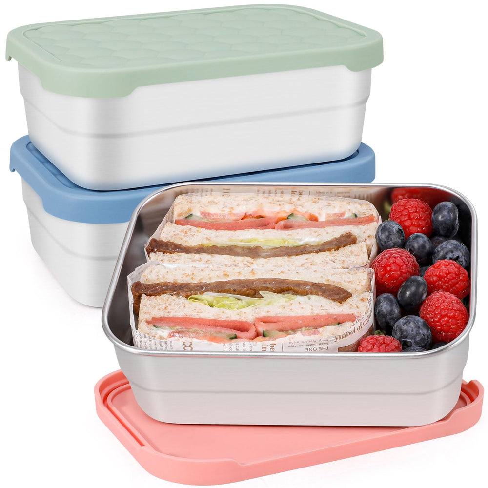 Caperci front view showing three stainless steel bento containers, durable and reusable