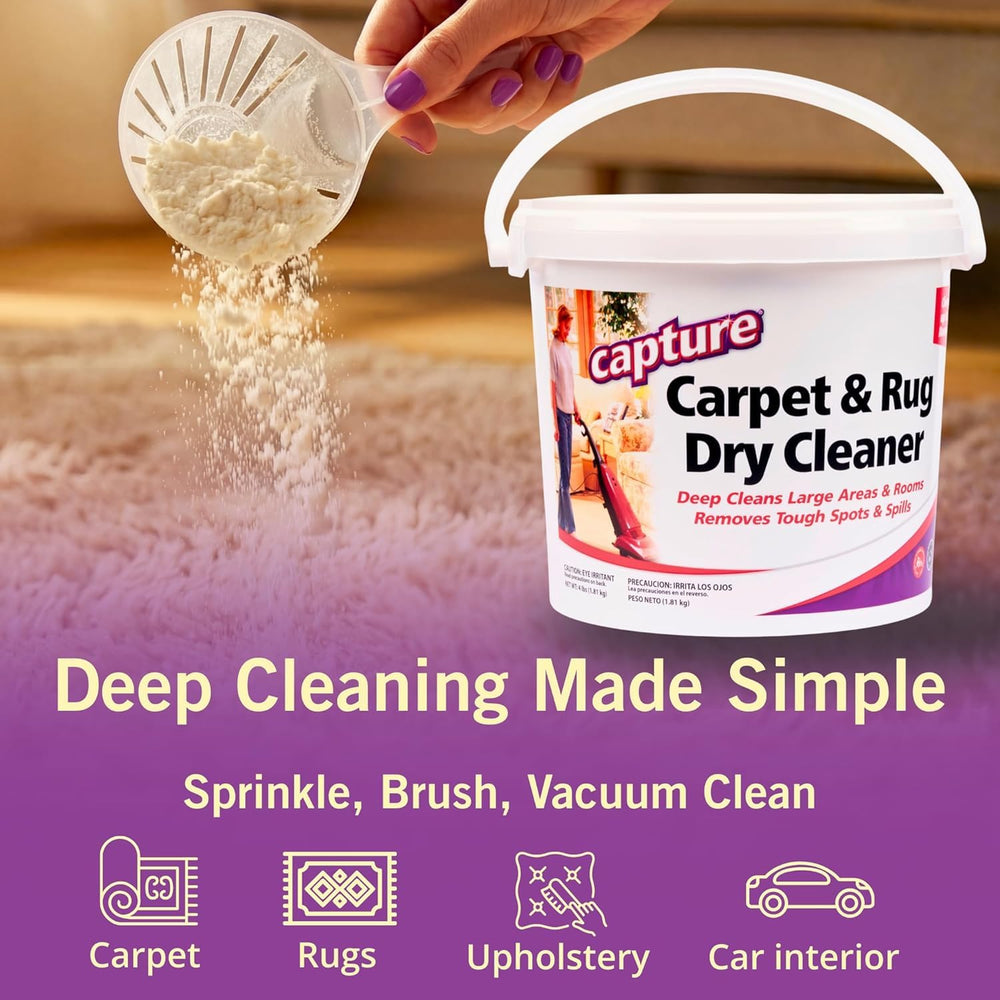Powder being sprinkled onto carpet showing easy application benefit
