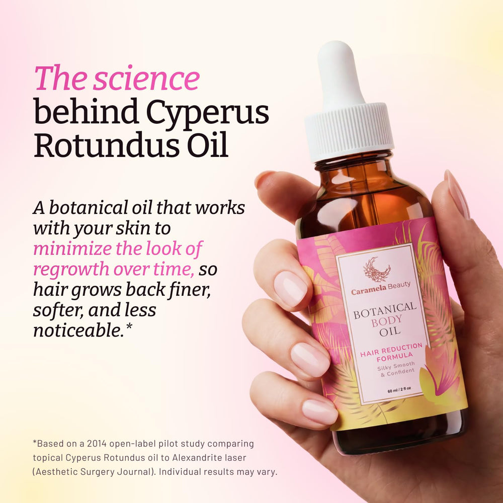 Caramela Beauty applying oil to legs post-shave for smooth hydrated skin benefit