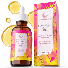 Caramela Beauty front bottle showing 60ml cyperus oil and clean packaging benefit quick use