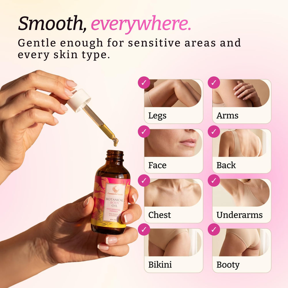 Caramela Beauty ingredients display with rosehip jojoba and almond oils for nourishing benefit