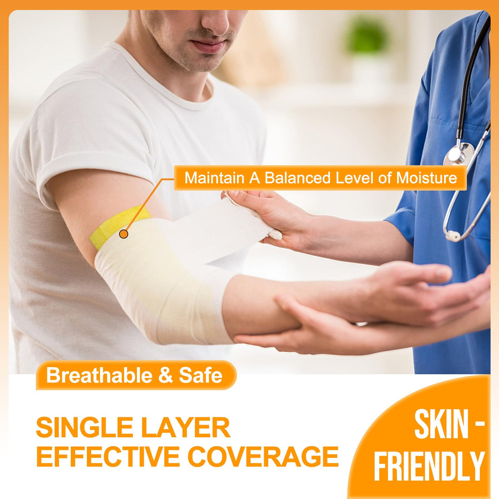 CARBOU dressing applied over forearm wound demonstrating gentle contact layer protection