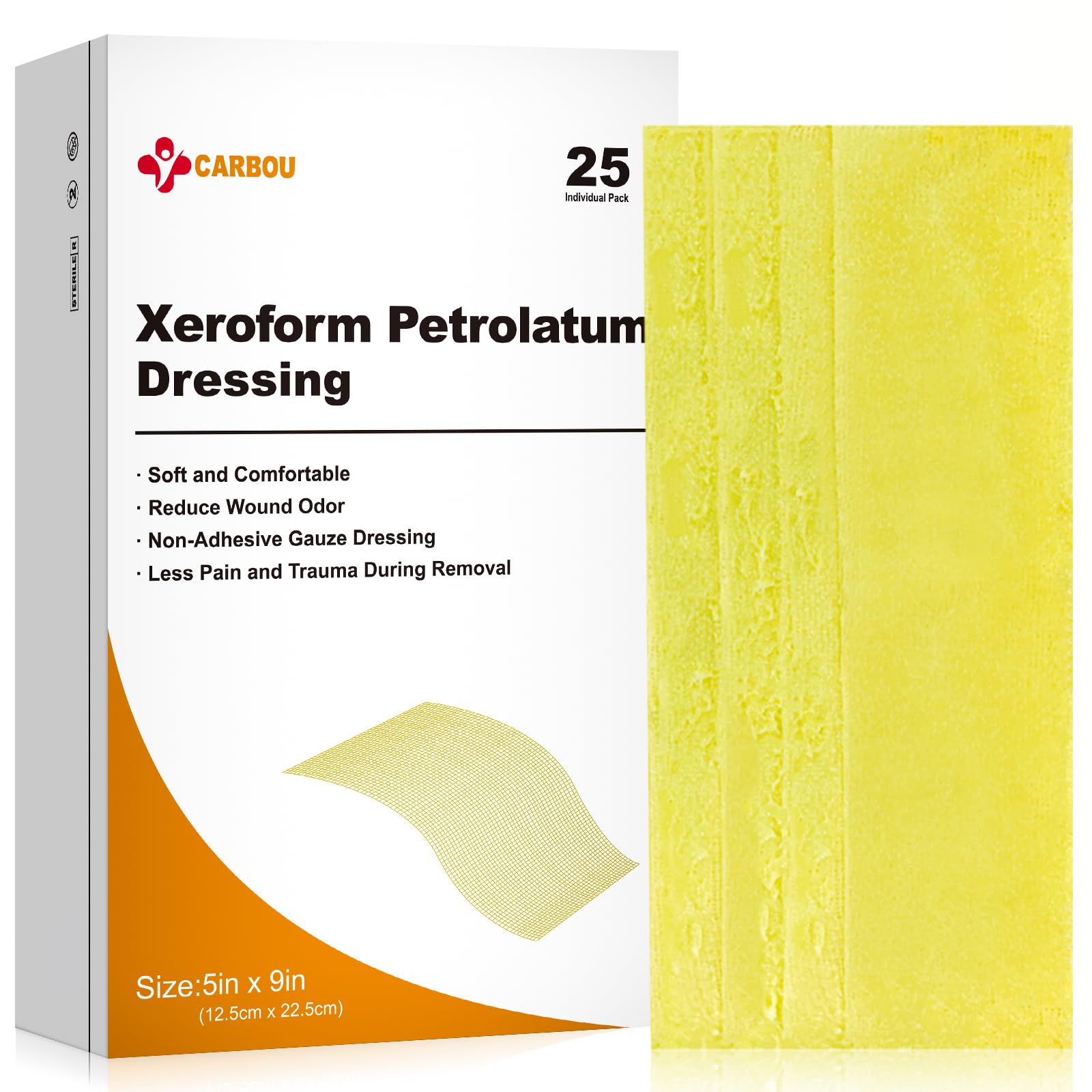 CARBOU front packaging of 25 sterile 5x9 petrolatum dressings showing product branding and count