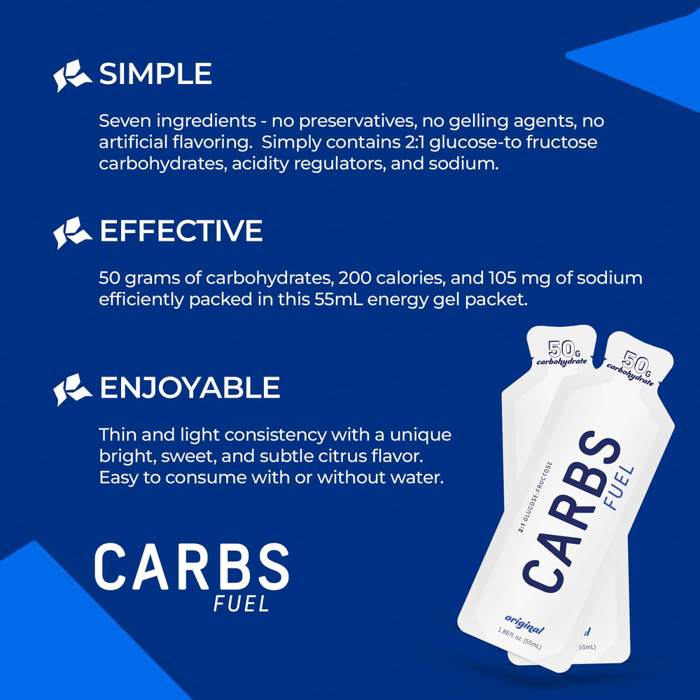 Carbs Fuel pouch next to a measuring scale showing 50g carbs portion clarity