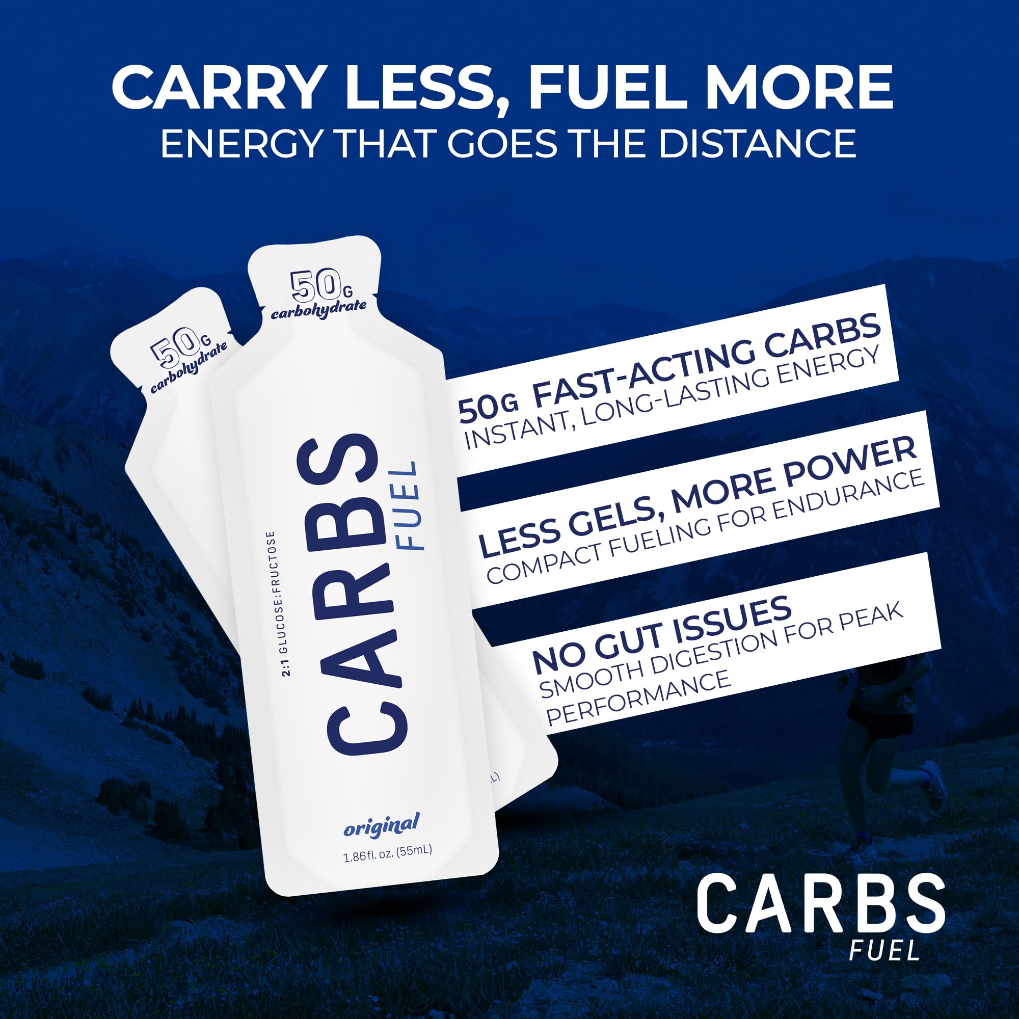 Carbs Fuel pouch beside sports bottle illustrating pairing with fluids for absorption