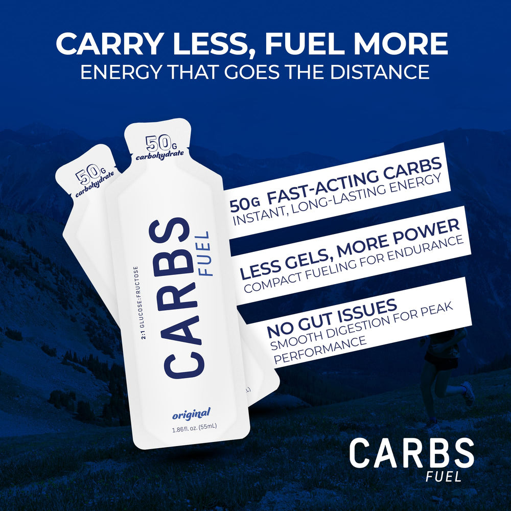 Carbs Fuel pouch beside sports bottle illustrating pairing with fluids for absorption