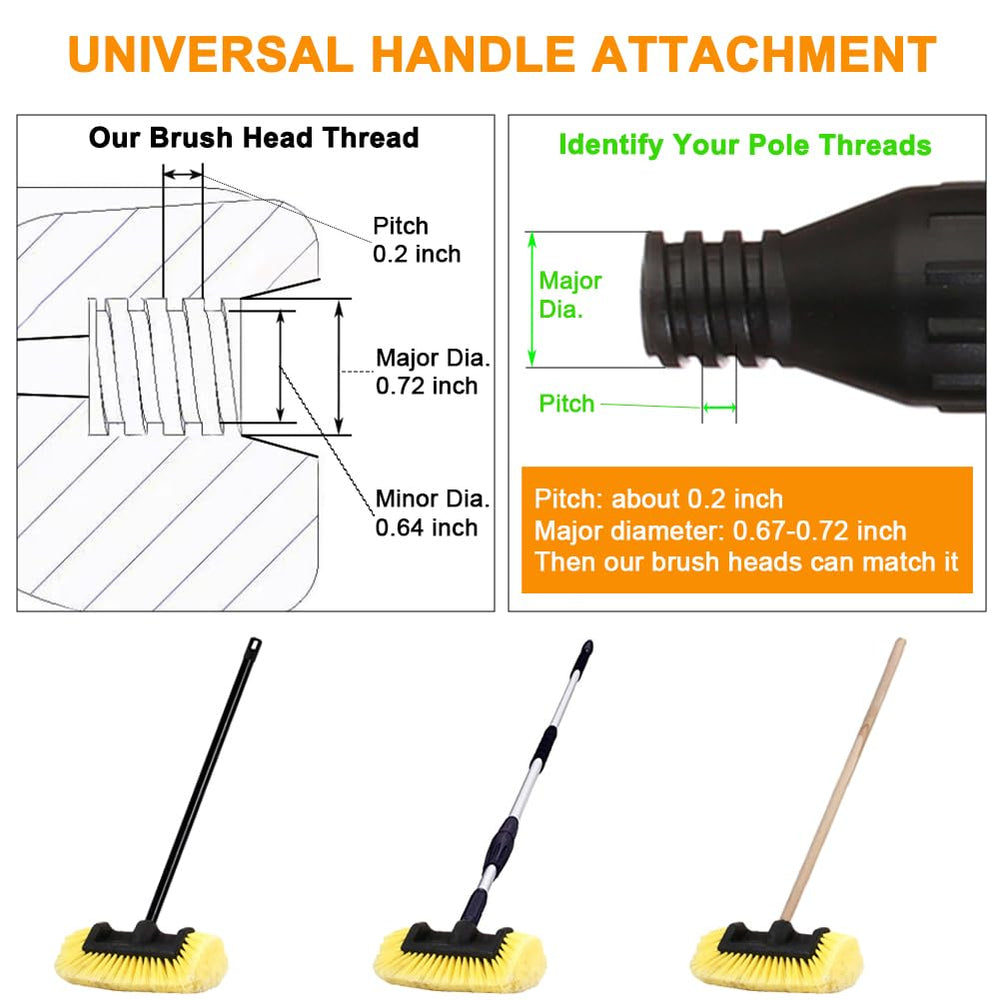 CARCAREZ brush mounted on extension pole providing extended reach for roofs and RVs