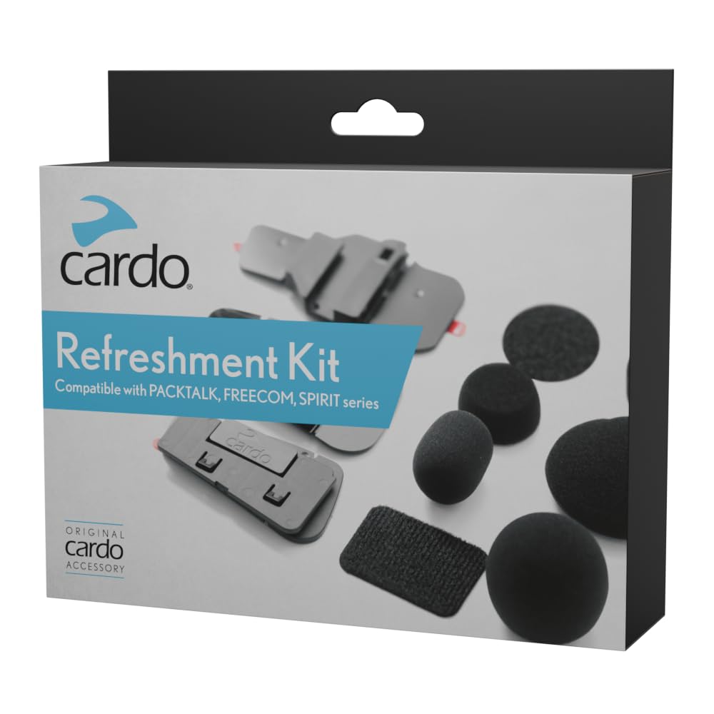 Cardo refresh kit layout showing plates, Velcro, sponges and stickers for easy replacement benefit