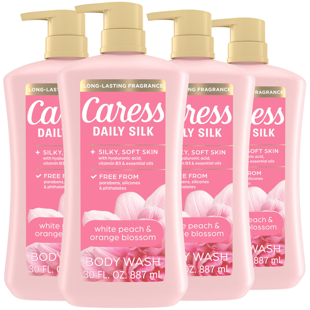 Caress pump bottle front view showing scent and convenient dispenser benefits