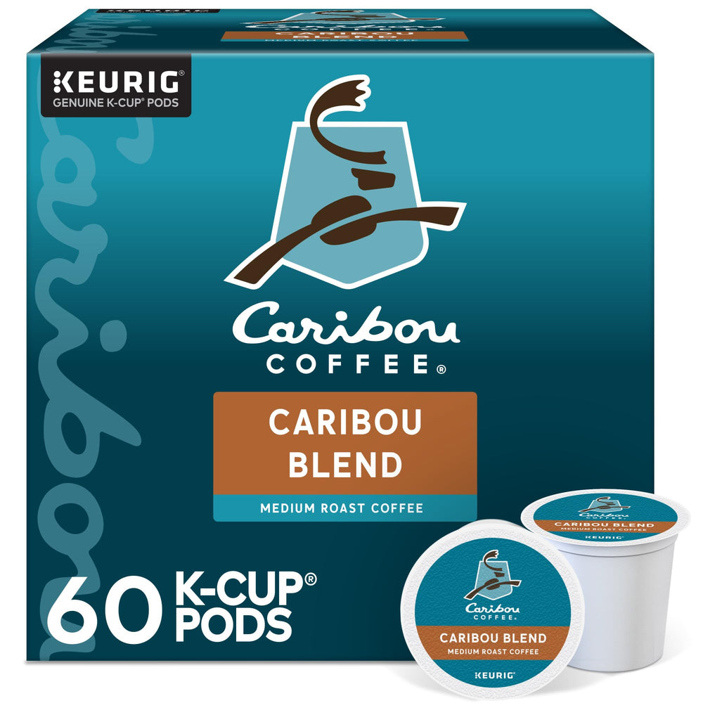Caribou Coffee front packaging showing Caribou Blend 60-count and benefits