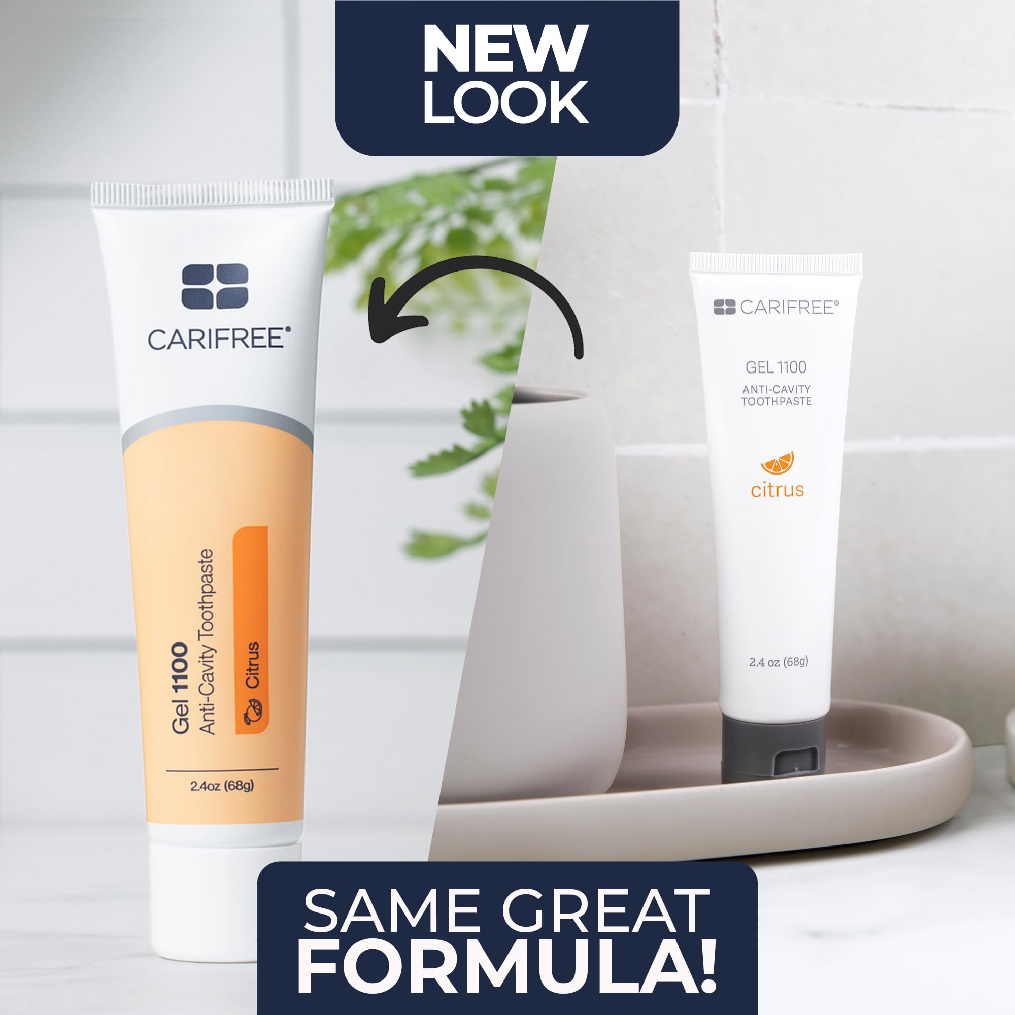 CariFree tube on bathroom counter in lifestyle scene suggesting routine-friendly use benefit