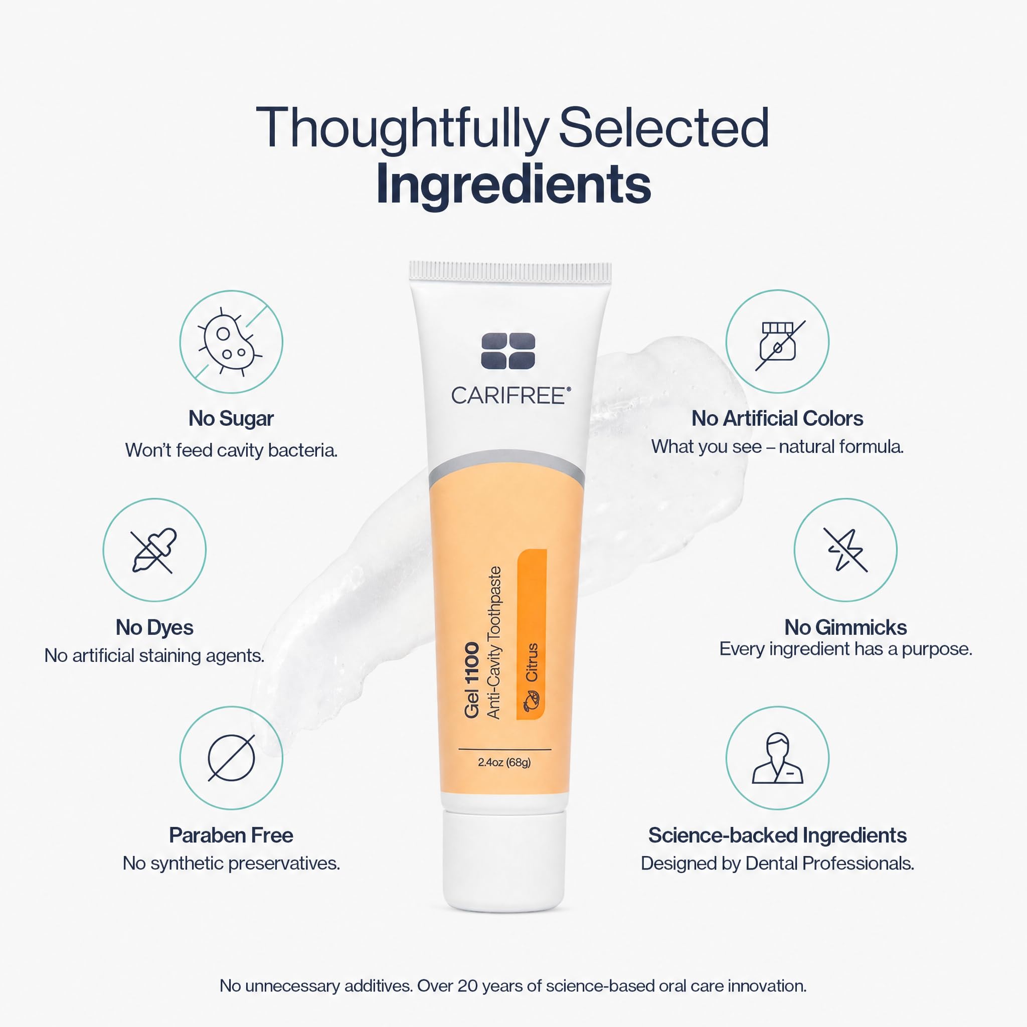 CariFree tube nozzle open with gel visible emphasizing hygienic dispensing and freshness benefit