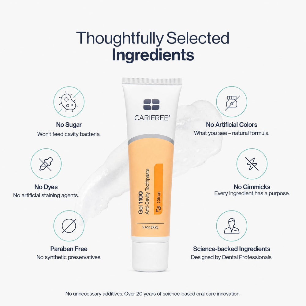 CariFree tube nozzle open with gel visible emphasizing hygienic dispensing and freshness benefit