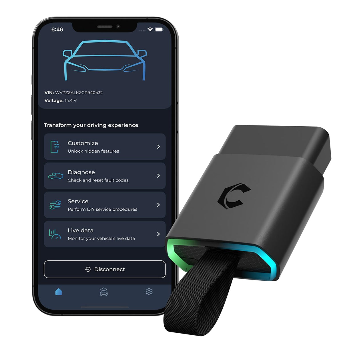 Carista EVO front view showing compact Bluetooth design and easy portability