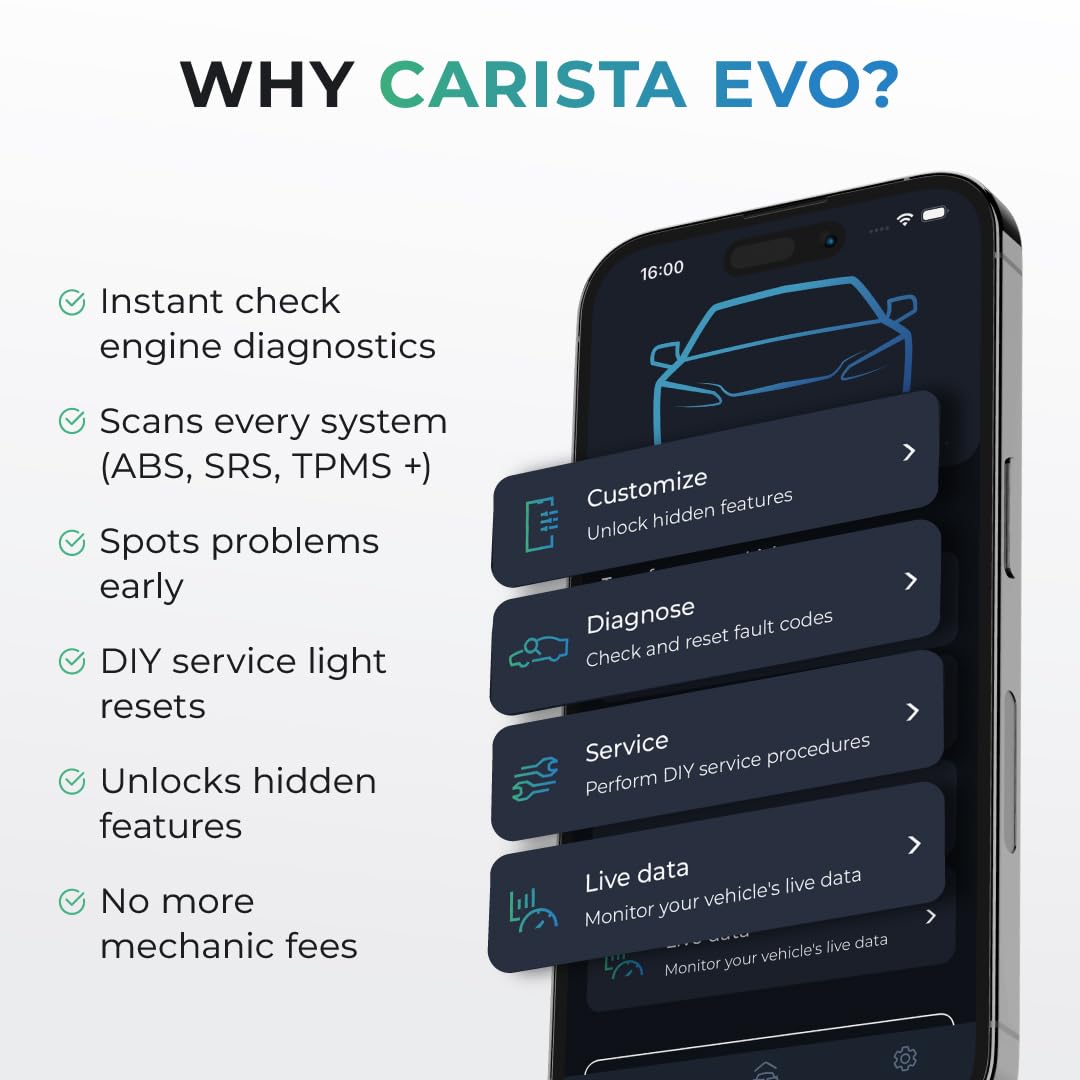 Carista EVO OBD2 connector close-up showing durable plug and secure fit
