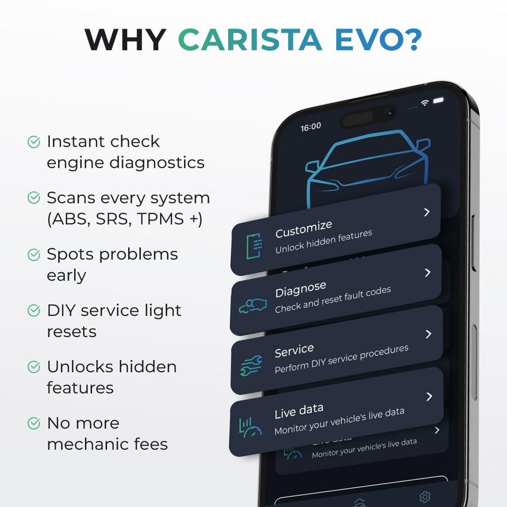 Carista EVO OBD2 connector close-up showing durable plug and secure fit