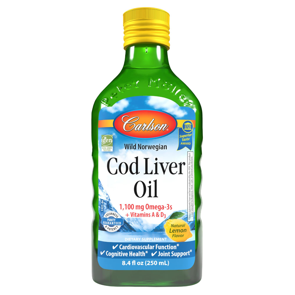 Carlson bottle front view showing label and lemon flavor for easy daily dosing