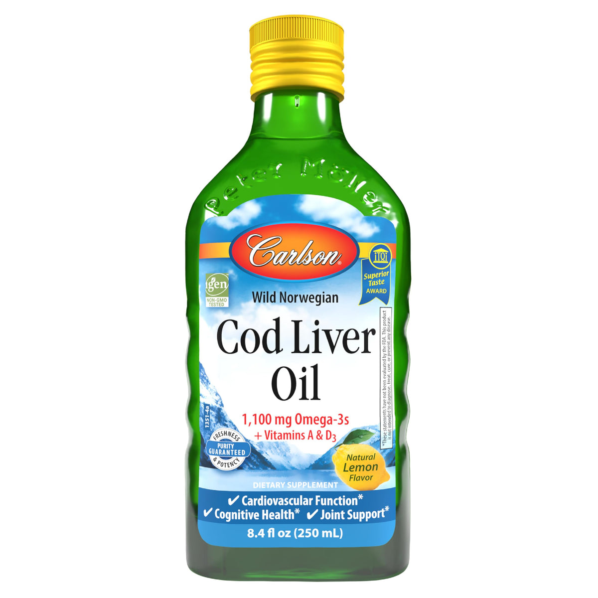 Carlson bottle front view showing label and lemon flavor for easy daily dosing