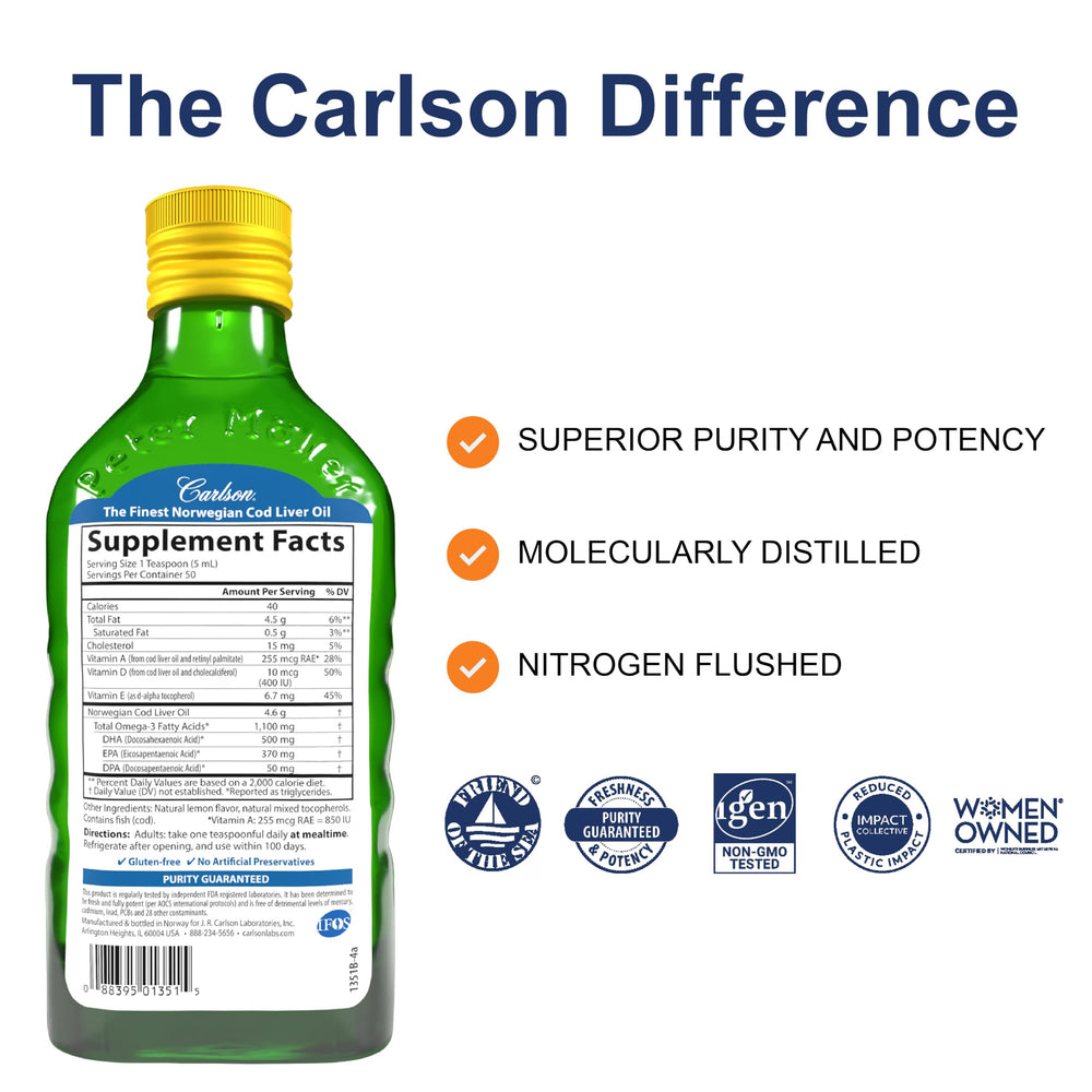 Carlson label close-up highlighting omega-3 amounts and certifications for trust