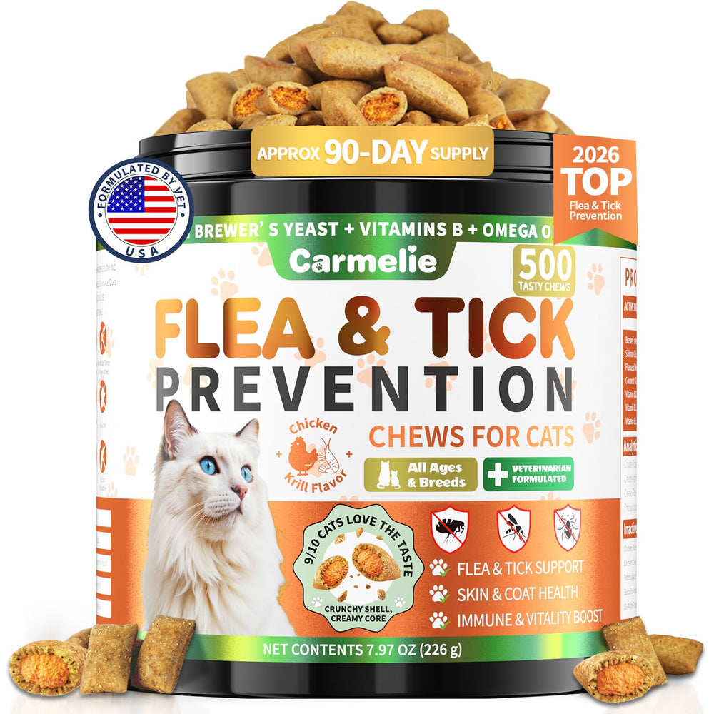 Carmelie front packaging showing jar and 500 chews for easy supply