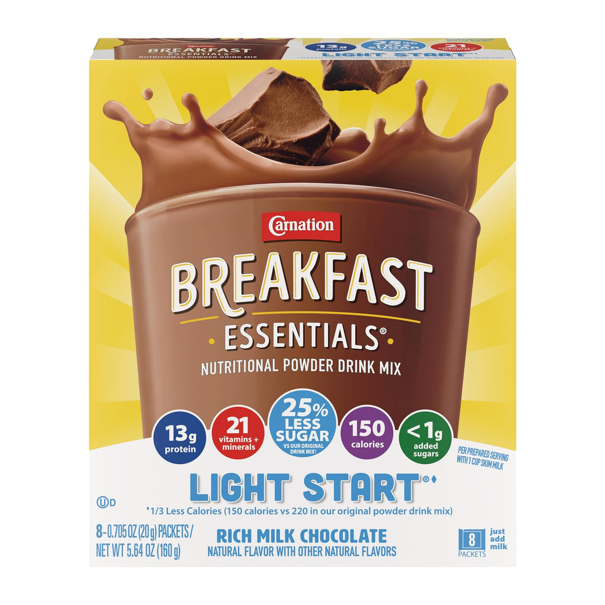 Carnation Breakfast Essentials front packaging showing product benefits and lower calories