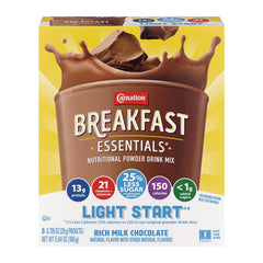 Carnation Breakfast Essentials front packaging showing product benefits and lower calories