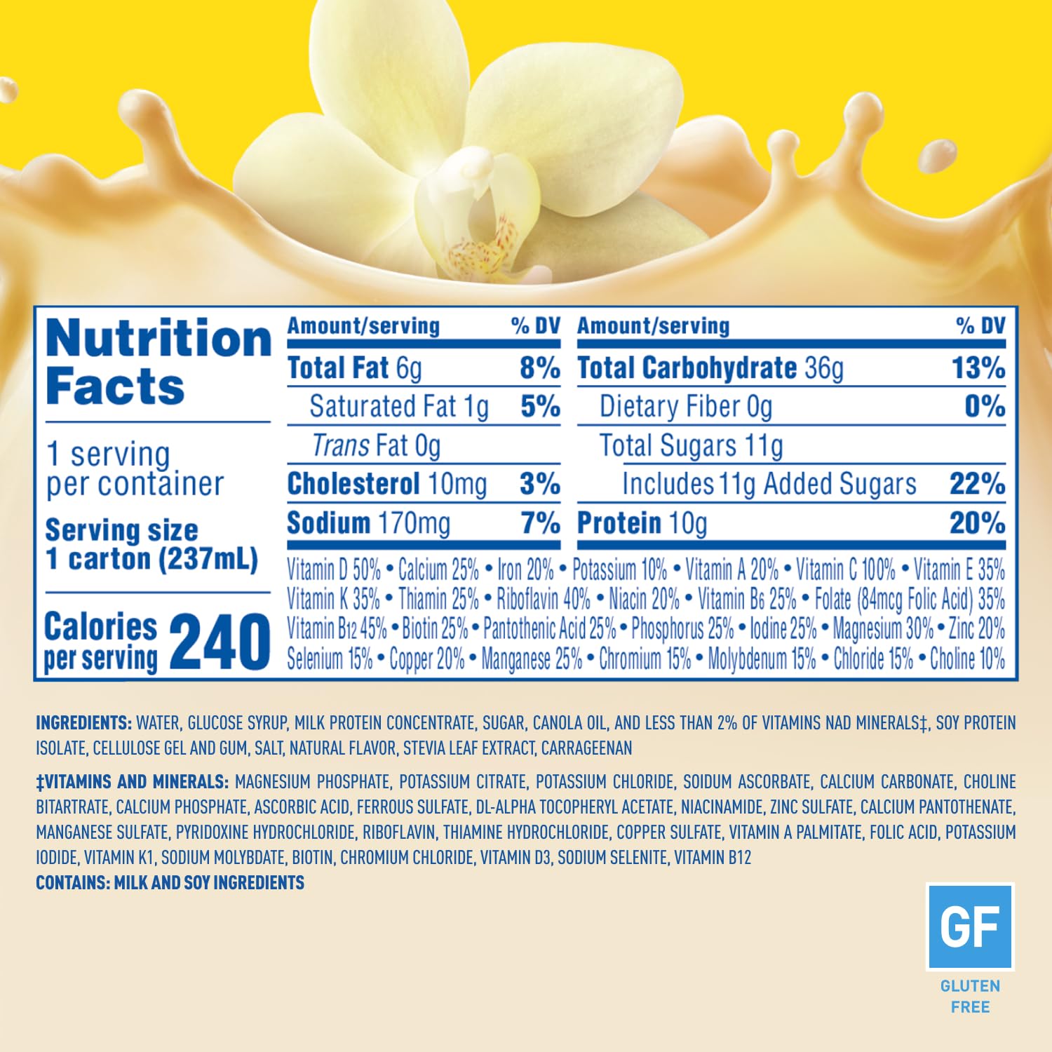 Close-up of Carnation Breakfast Essentials vanilla label highlighting protein and vitamins