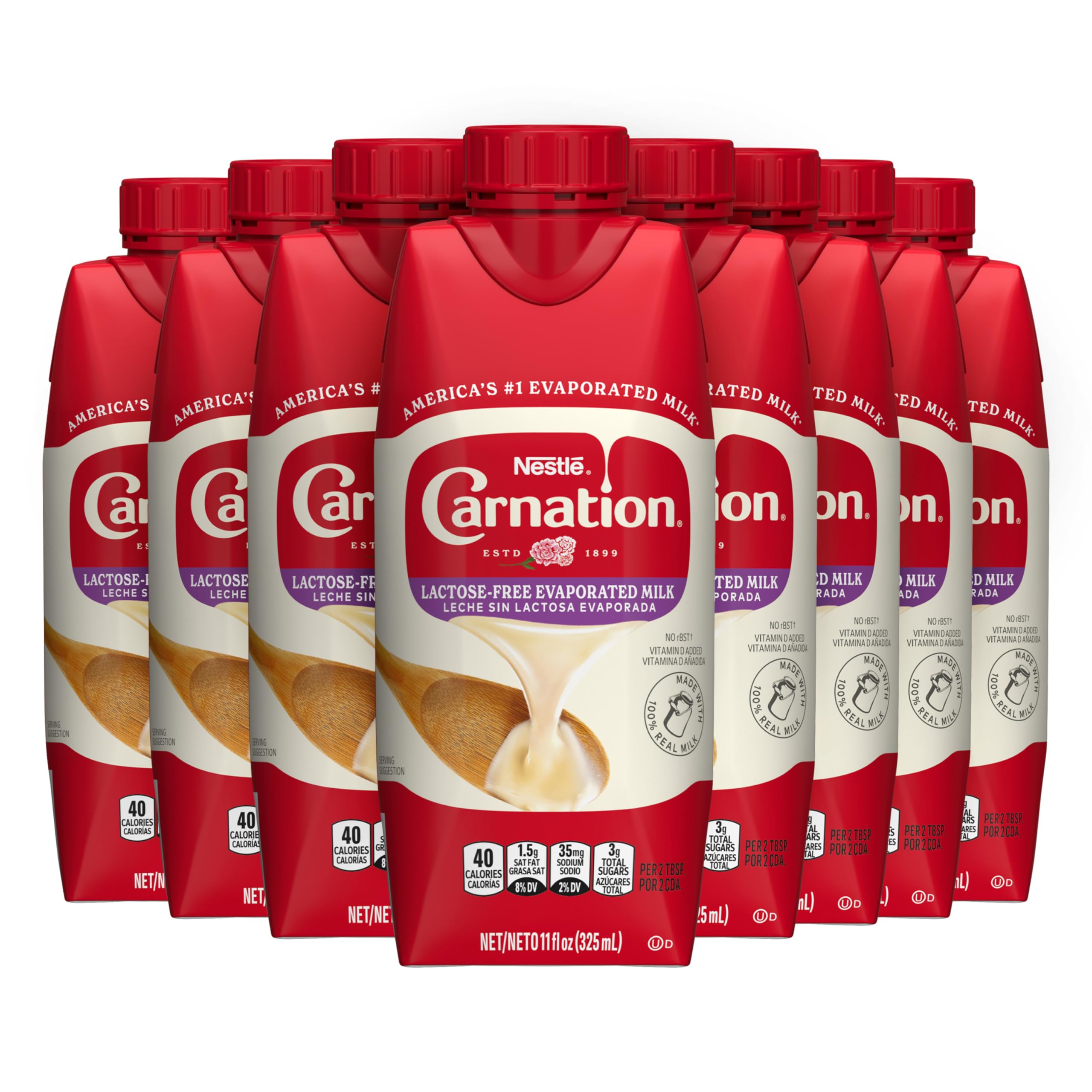 Carnation front packaging shows brand and creamy milk benefit