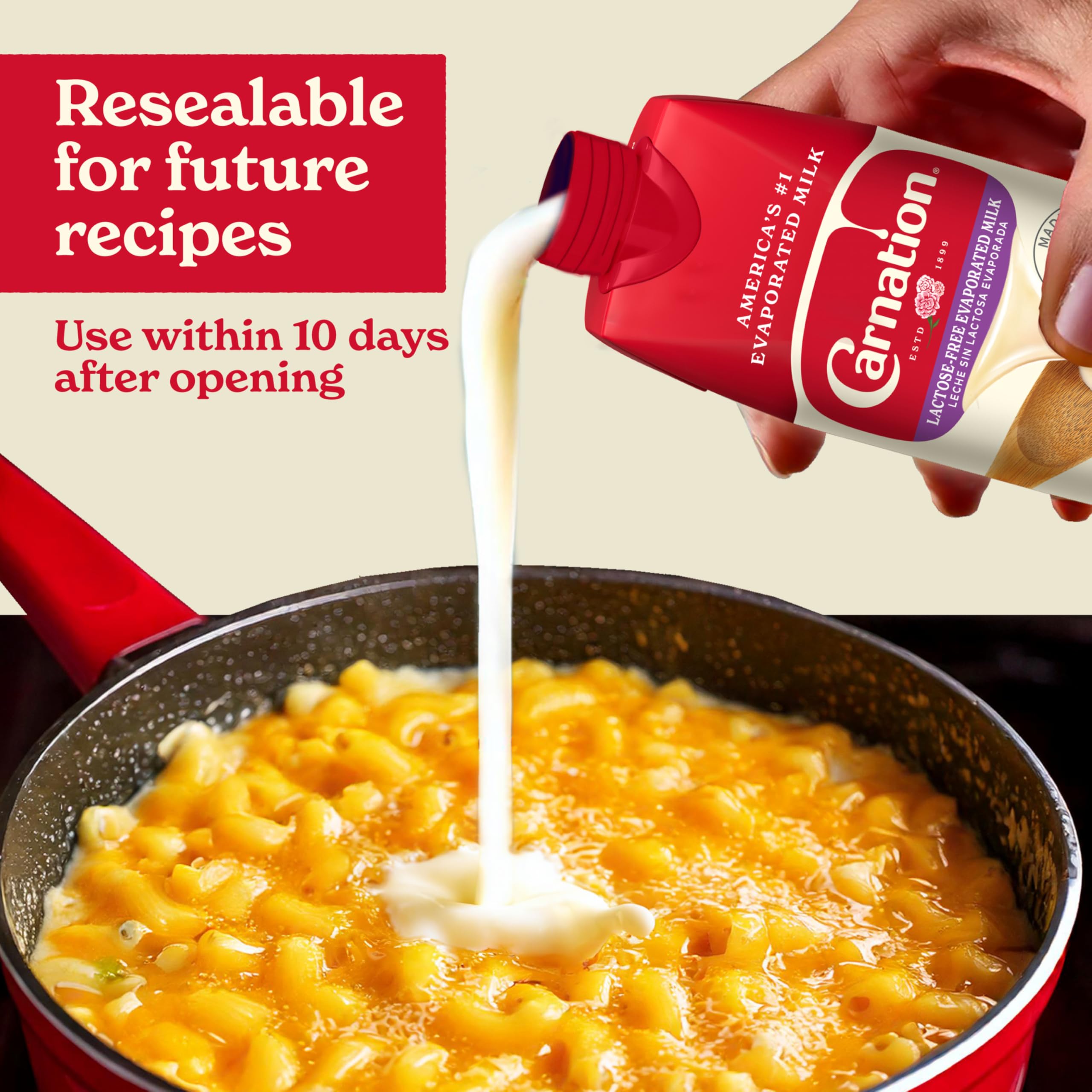 Carnation poured into mac and cheese illustrating creamier, richer dish