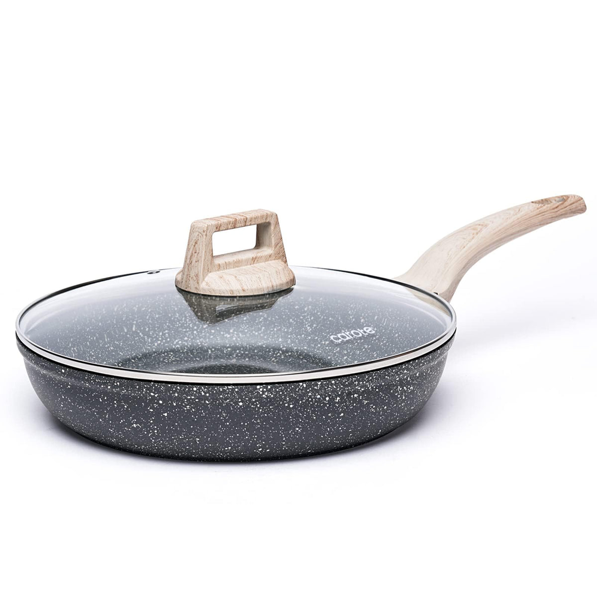CAROTE 10-inch granite frying pan front view with glass lid showing durable finish and convenience