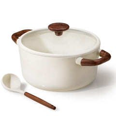 CAROTE front view of 5QT stock pot showing sleek white finish and lid, easy serving