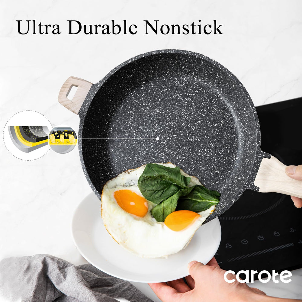 CAROTE pan filled with eggs and vegetables demonstrating low-oil cooking versatility