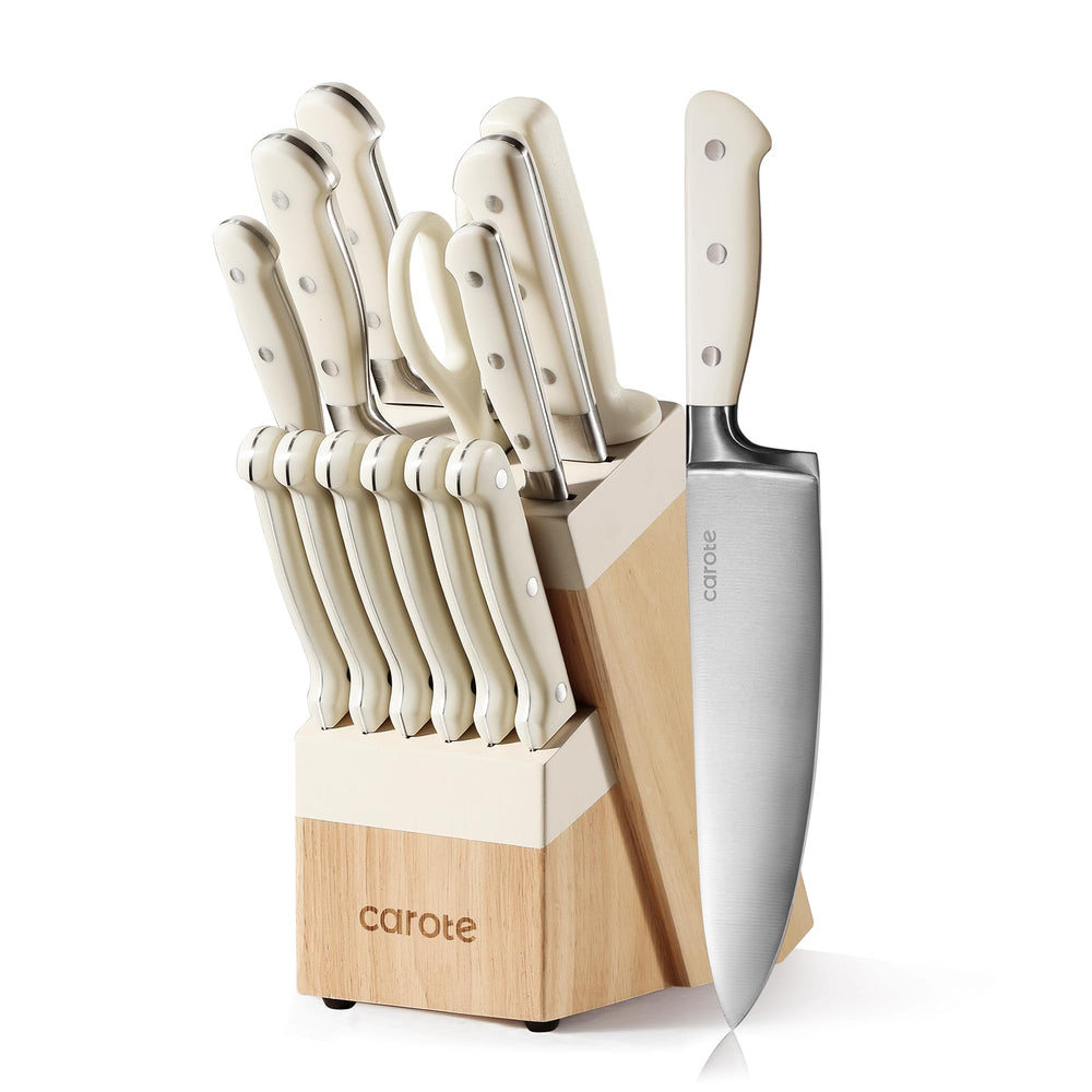 CAROTE front view of complete cream knife set in wood block, organized storage benefit