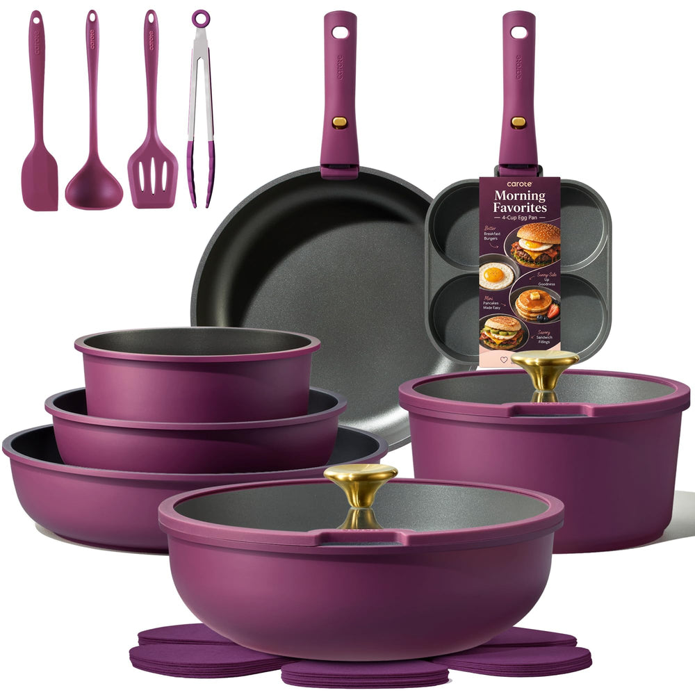 CAROTE front view of the full 21-piece set showing included pans and lids for versatile cooking