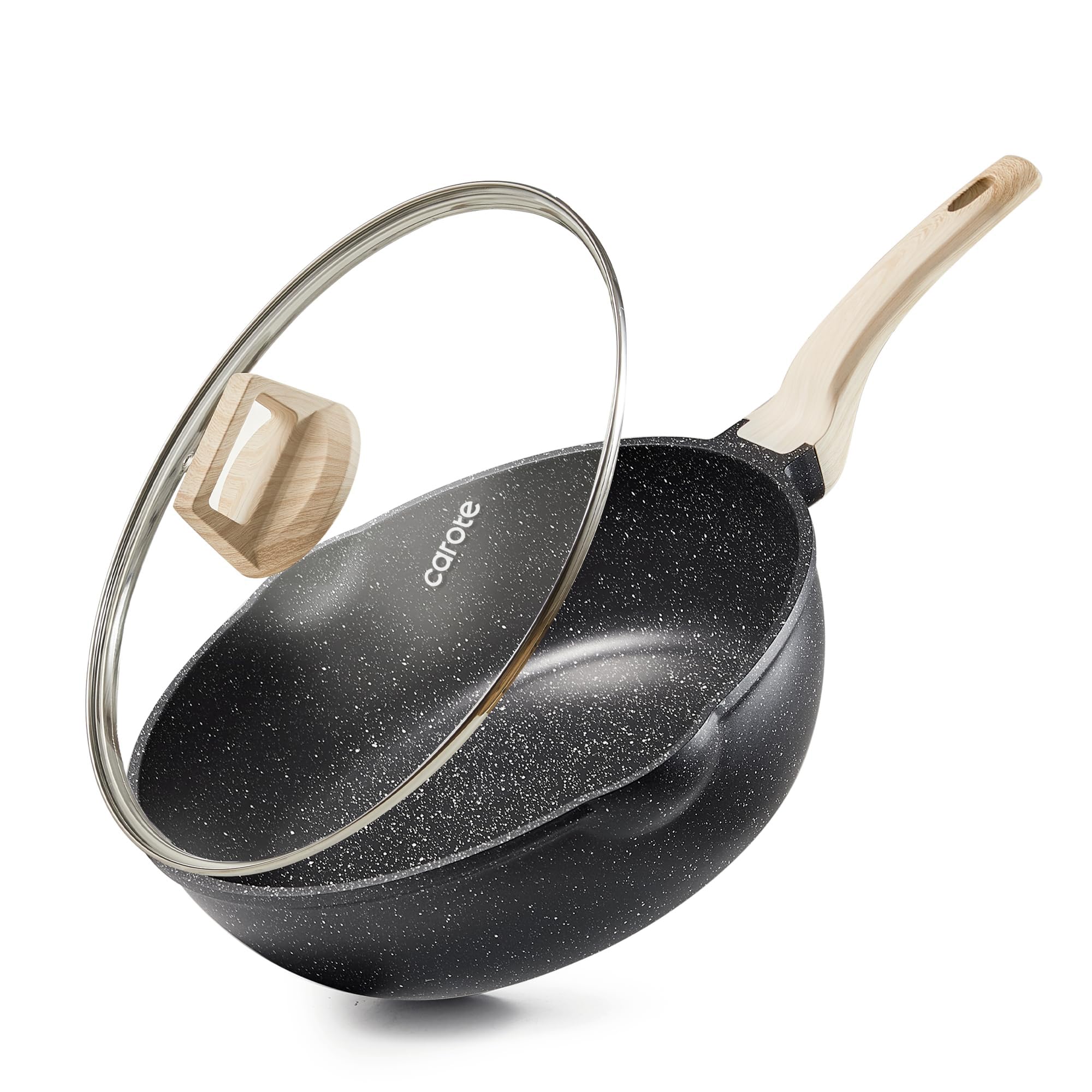 CAROTE front view of 12-inch deep pan with lid showing capacity and design benefits