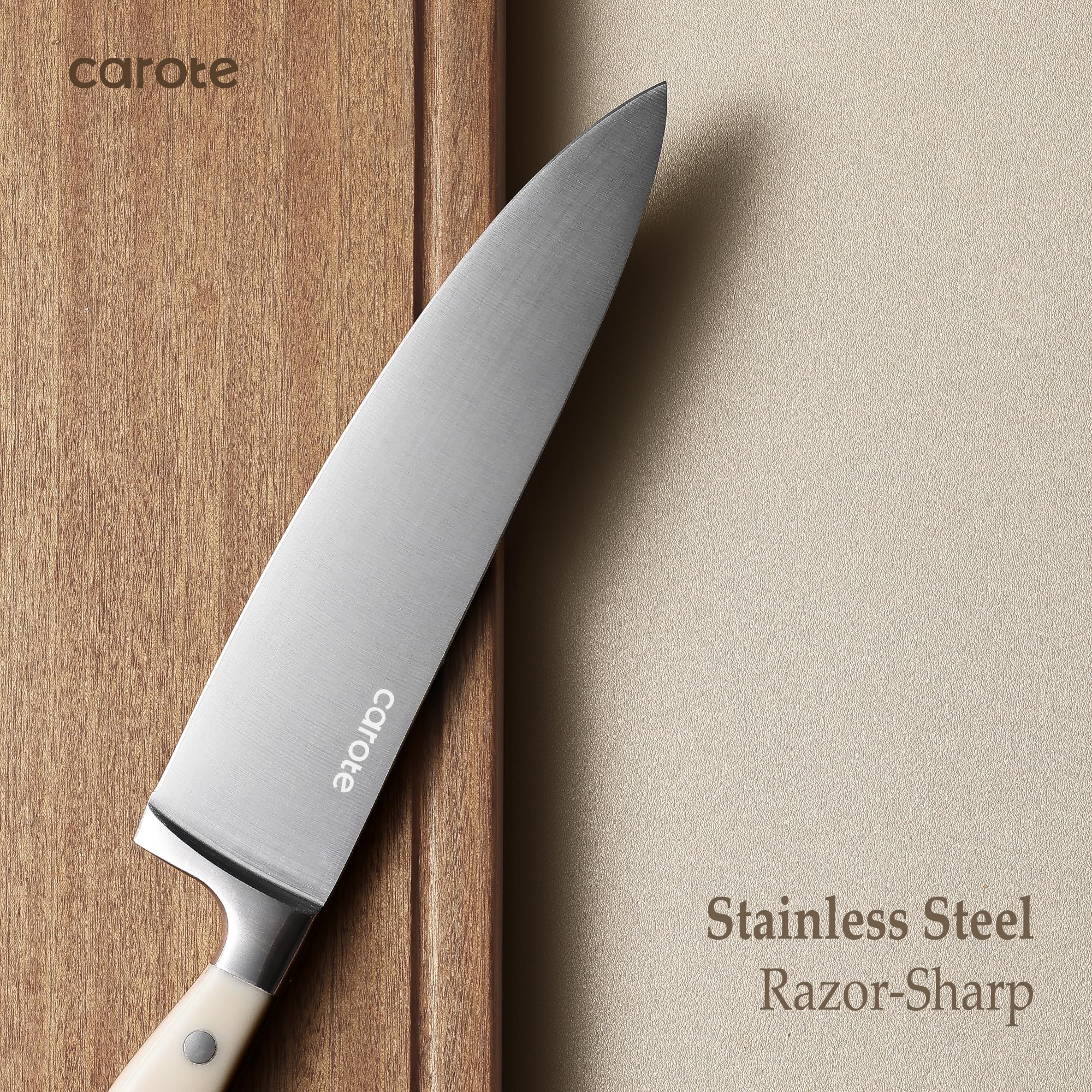 CAROTE triple-riveted cream handle detail showing secure grip and balance benefit