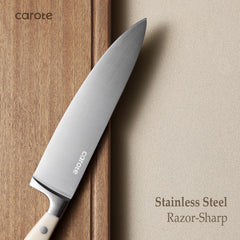 CAROTE triple-riveted cream handle detail showing secure grip and balance benefit
