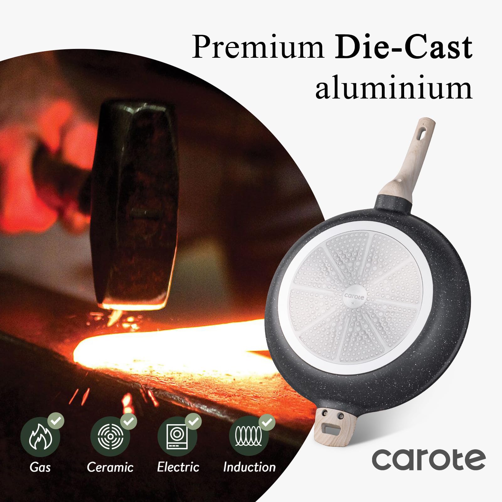 CAROTE labeled packaging and base detail highlighting induction-compatible stainless steel