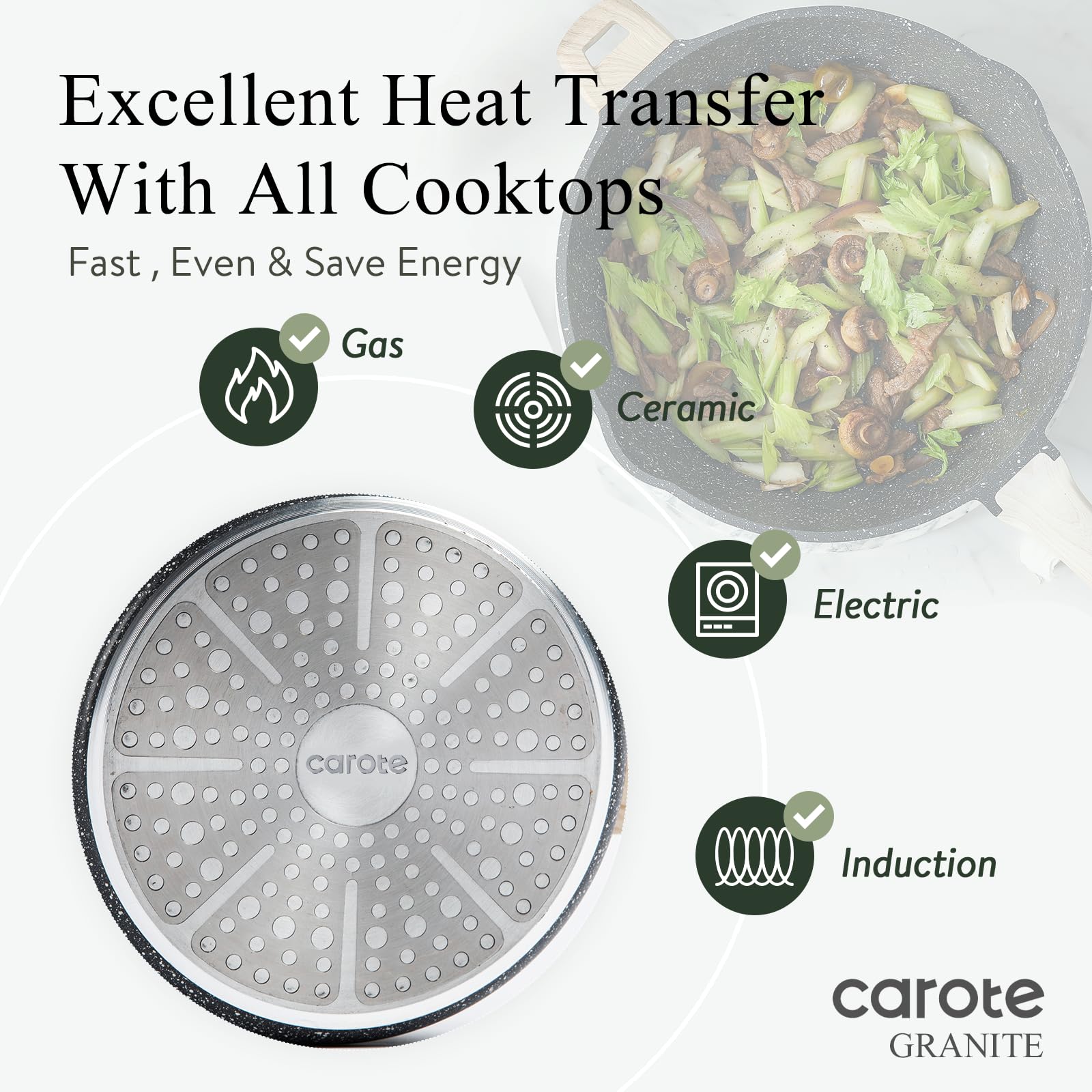 CAROTE pan in use on stovetop frying a family meal for even heating