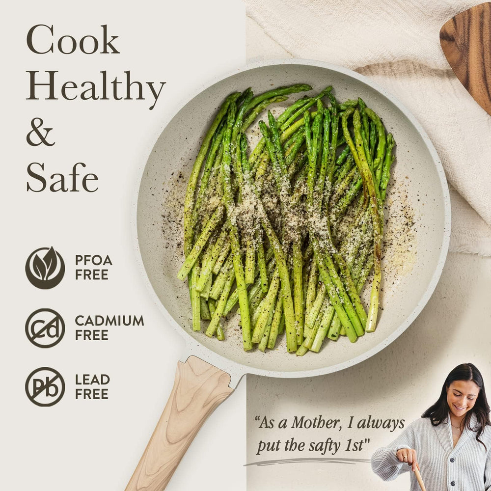 CAROTE side view emphasizing secure handle and drip-resistant rim for comfortable cooking