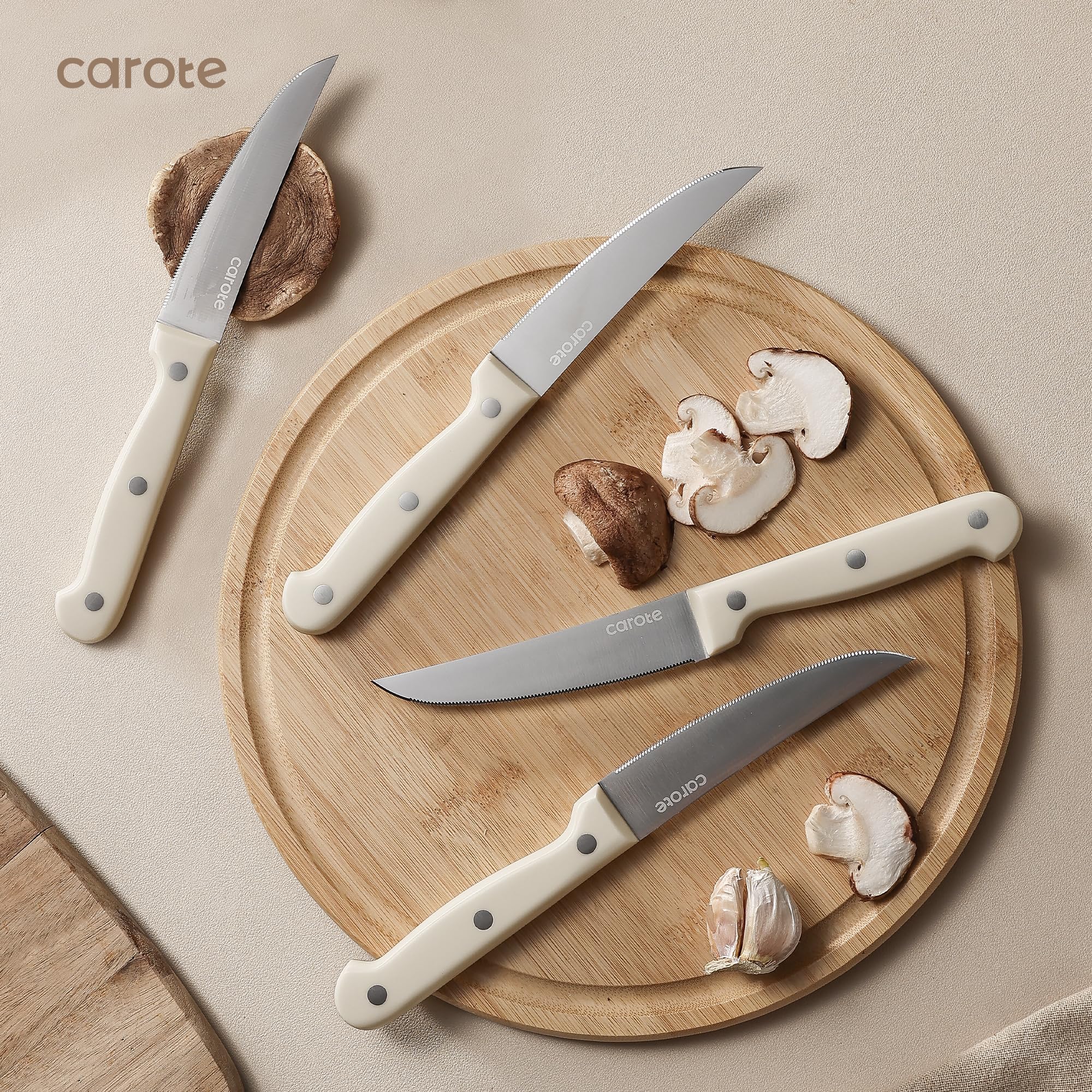 CAROTE knives on cutting board showing scale and everyday prep efficiency benefit